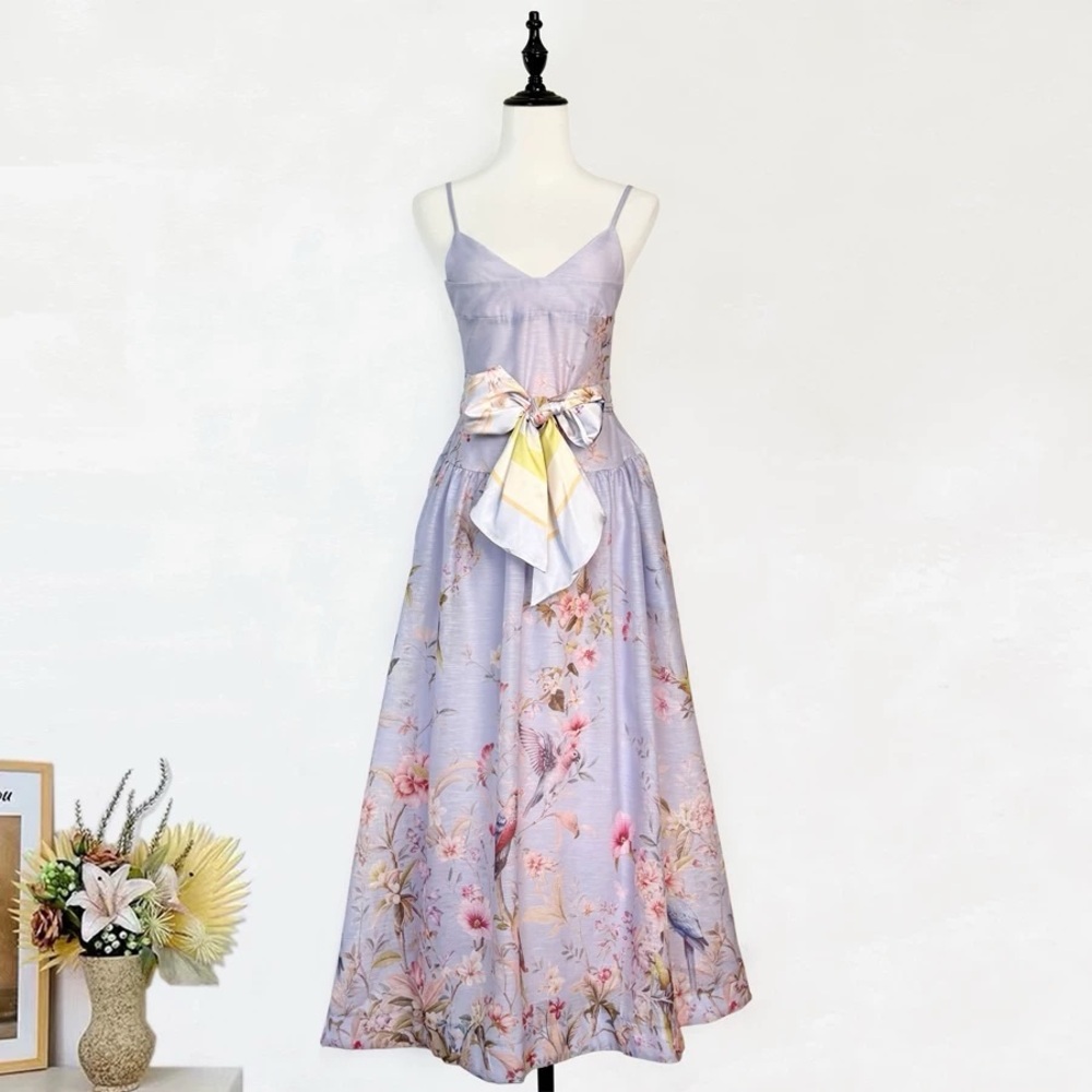 Designer-Style Blue Floral Midi Dress with Waist Sash
